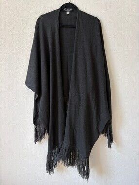St. John Essentials Charcoal Black Open Front Fringe Wrap Poncho Cape Shawl
